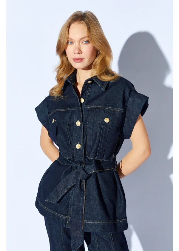 Kuşaklı Jean Yelek-Pantolon Takım