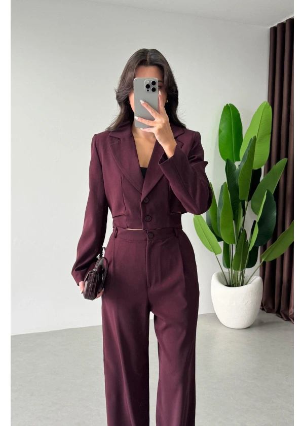 Tasarım Crop Ceket Takım Bordo