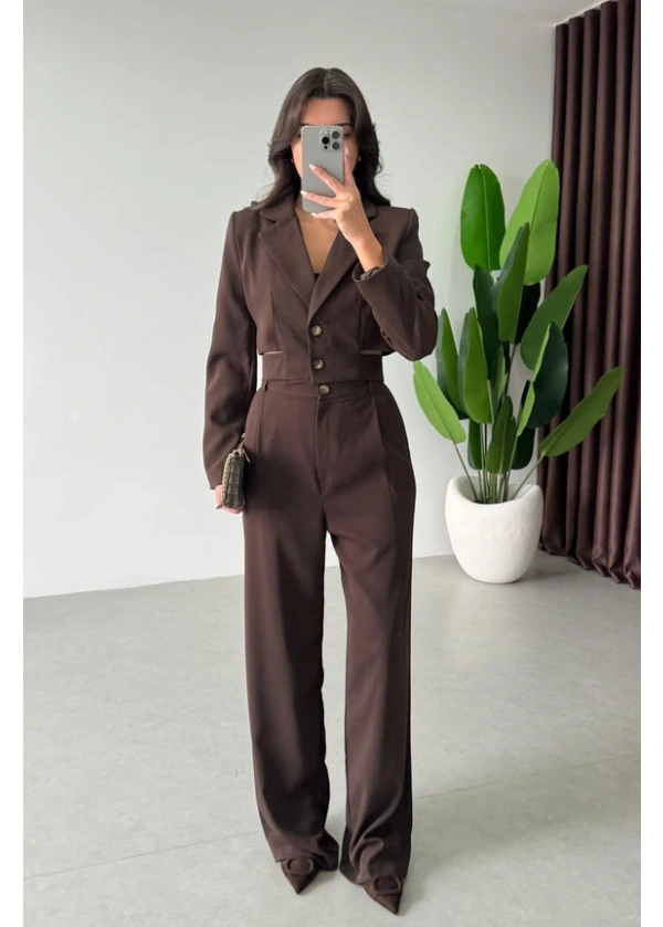 Tasarım Crop Ceket Takım Kahve