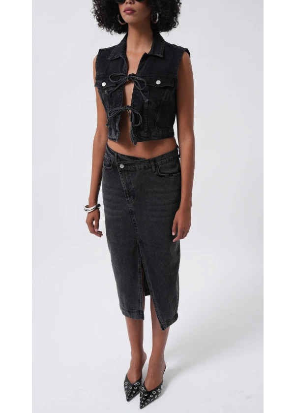 Yırtmaç Detay Denim Midi Etek