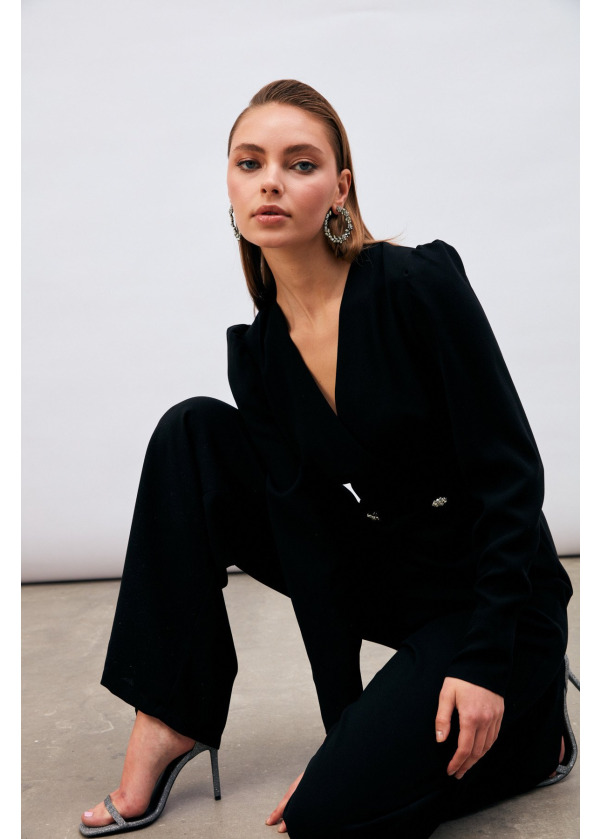 Kruvaze Süs Taşlı Krep Tulum