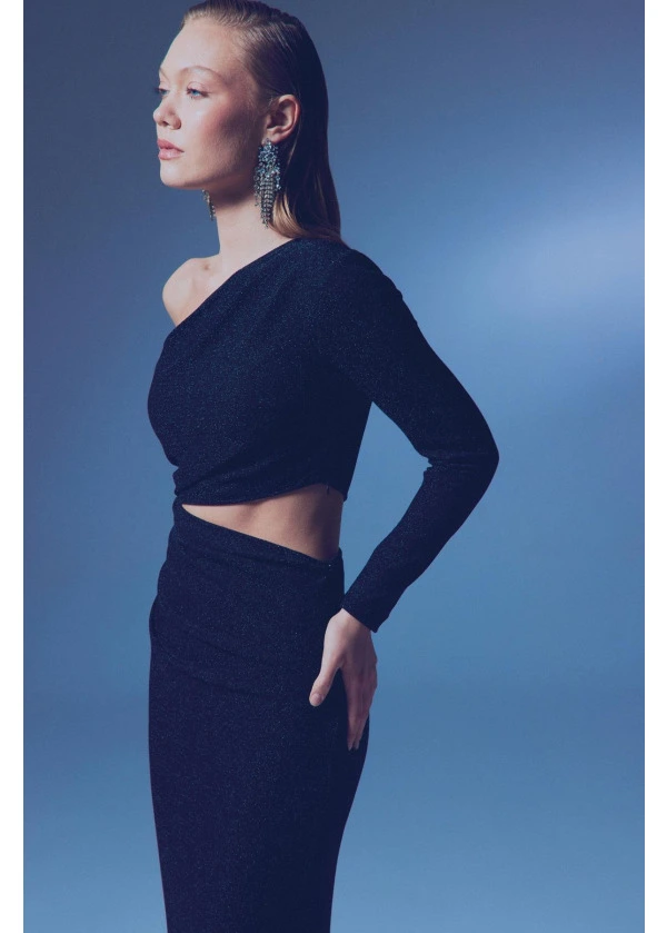 Parlak Tek Omuz Midi Elbise 