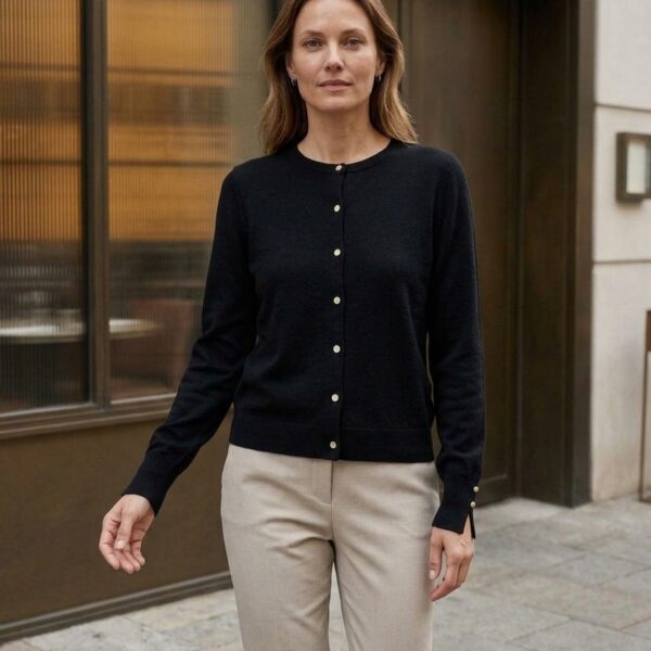 Siyah bisiklet yaka düğmeli hırka, ön ve manşet düğme detayları, standart beden